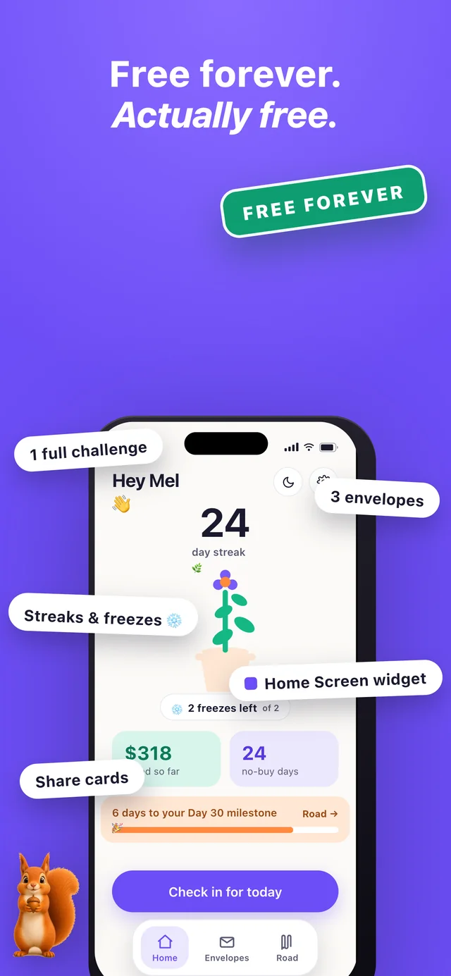 The NoBuy free plan: one full challenge, three envelopes, streaks and freezes, Home Screen widget and share cards, labelled free forever.