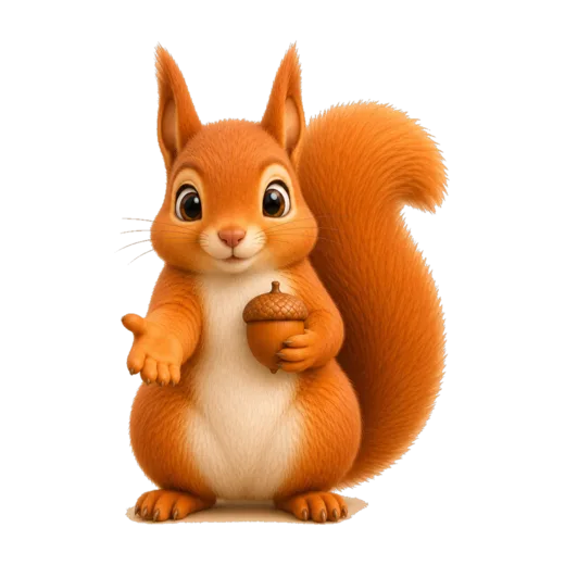 Hazel, the red squirrel mascot of NoBuy, holding an acorn.