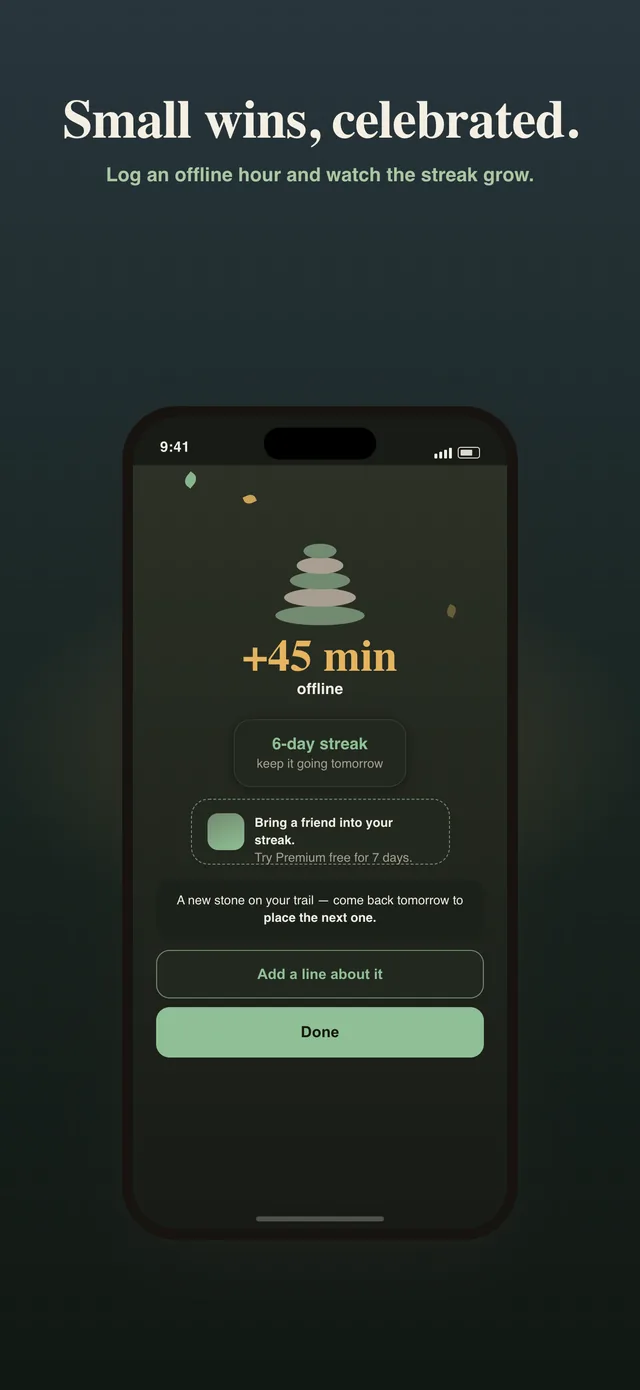 Stay Offline celebration: +45 min offline, 6-day streak, a new stone placed on your trail, an invitation to bring a friend into your streak, and an Add a line about it button.